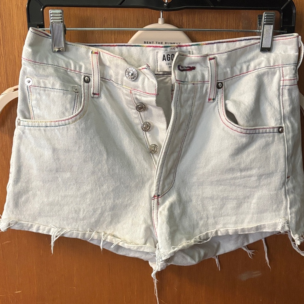 Agolde White Jaden Cut-Off Shorts with Rainbow Stitching
